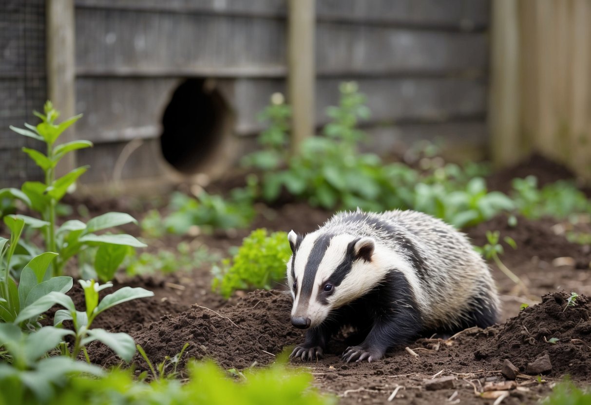 A dead badger lies in a garden, surrounded by upturned soil and scattered plants. A fence with a hole appears to be the entry point for the animal