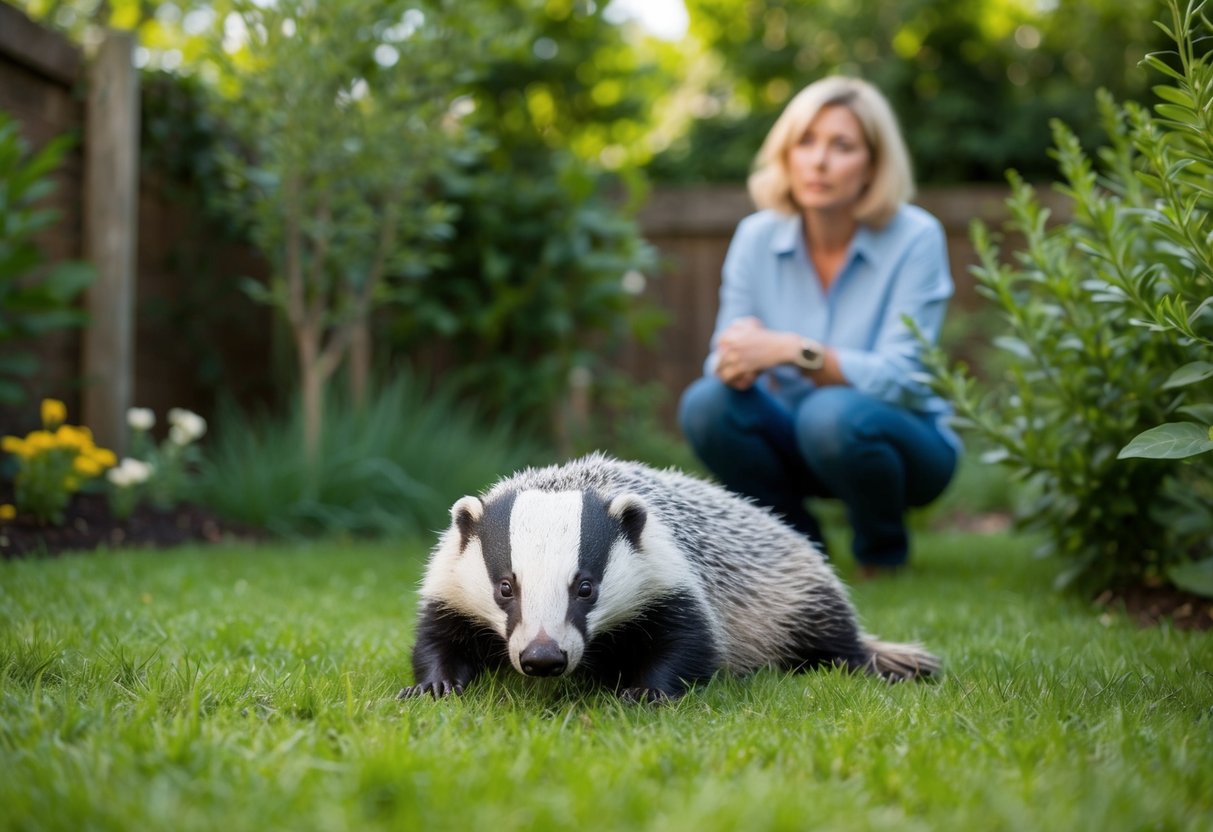 A dead badger lies in a garden surrounded by greenery, with a concerned individual looking on