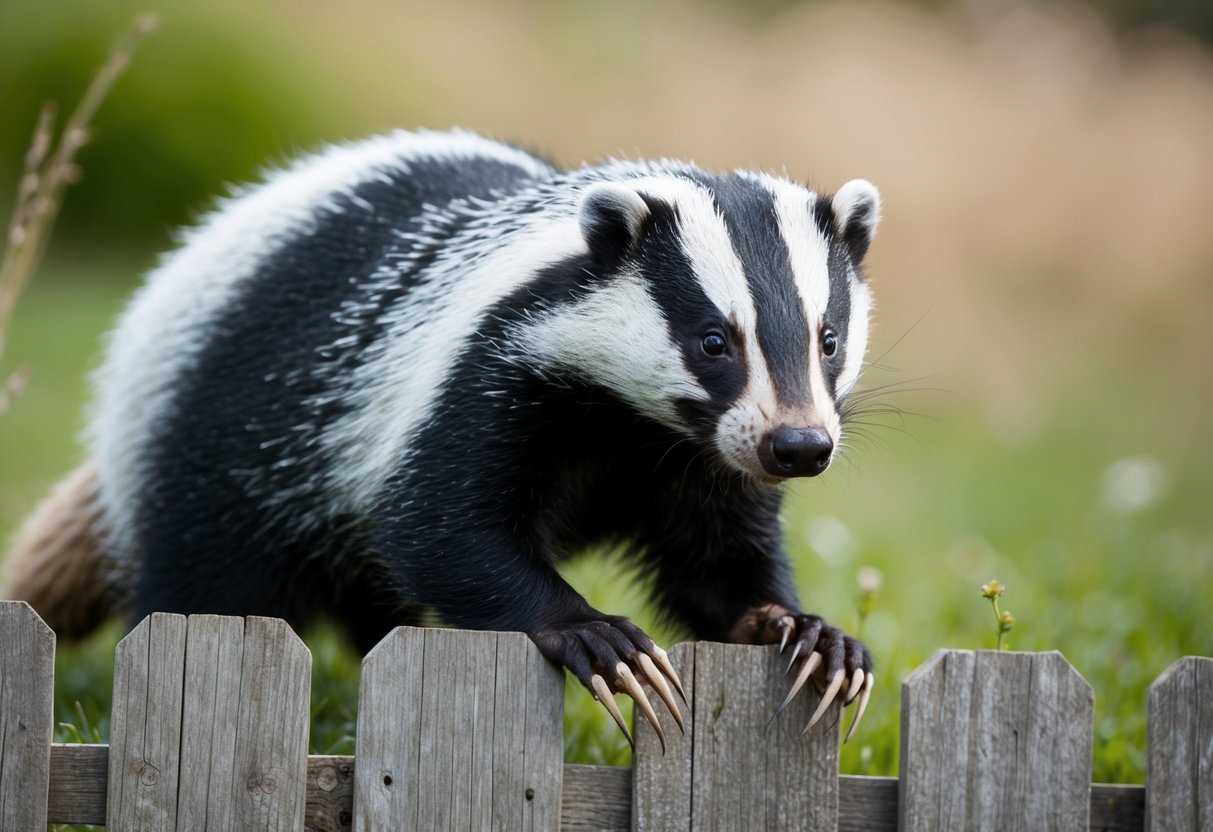 A badger breaks through a wooden fence with its powerful claws and determined gaze