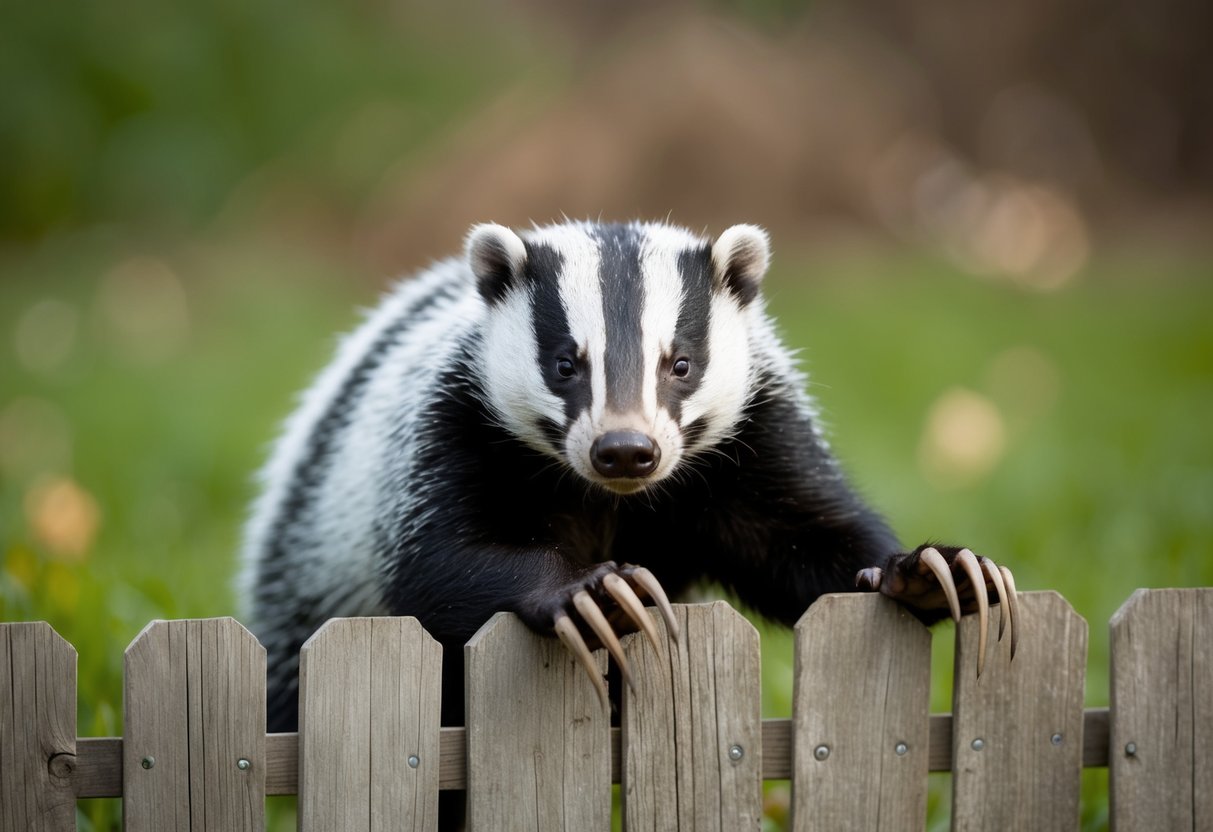 A badger breaking through a wooden fence with its strong claws and determined expression