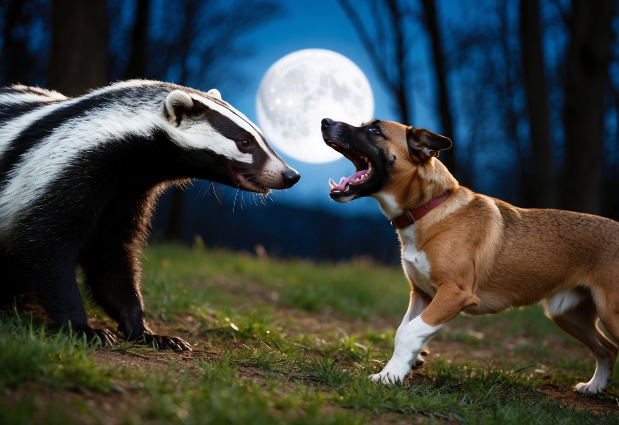 A badger faces off with a barking dog in a moonlit forest clearing