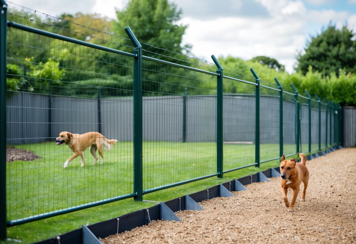 A sturdy fence with angled top and buried base, reinforced with wire mesh and metal stakes, surrounds a garden. A vigilant dog patrols the perimeter