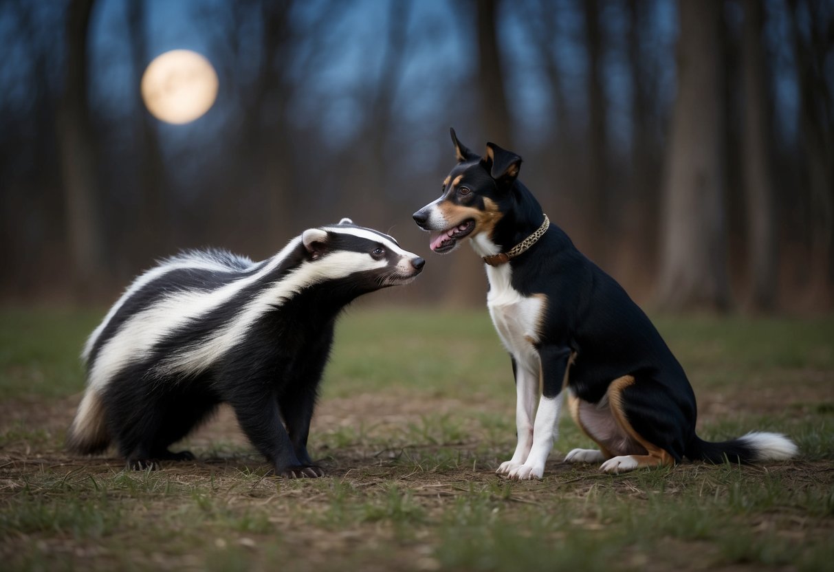 A badger and a dog face off in a moonlit forest clearing
