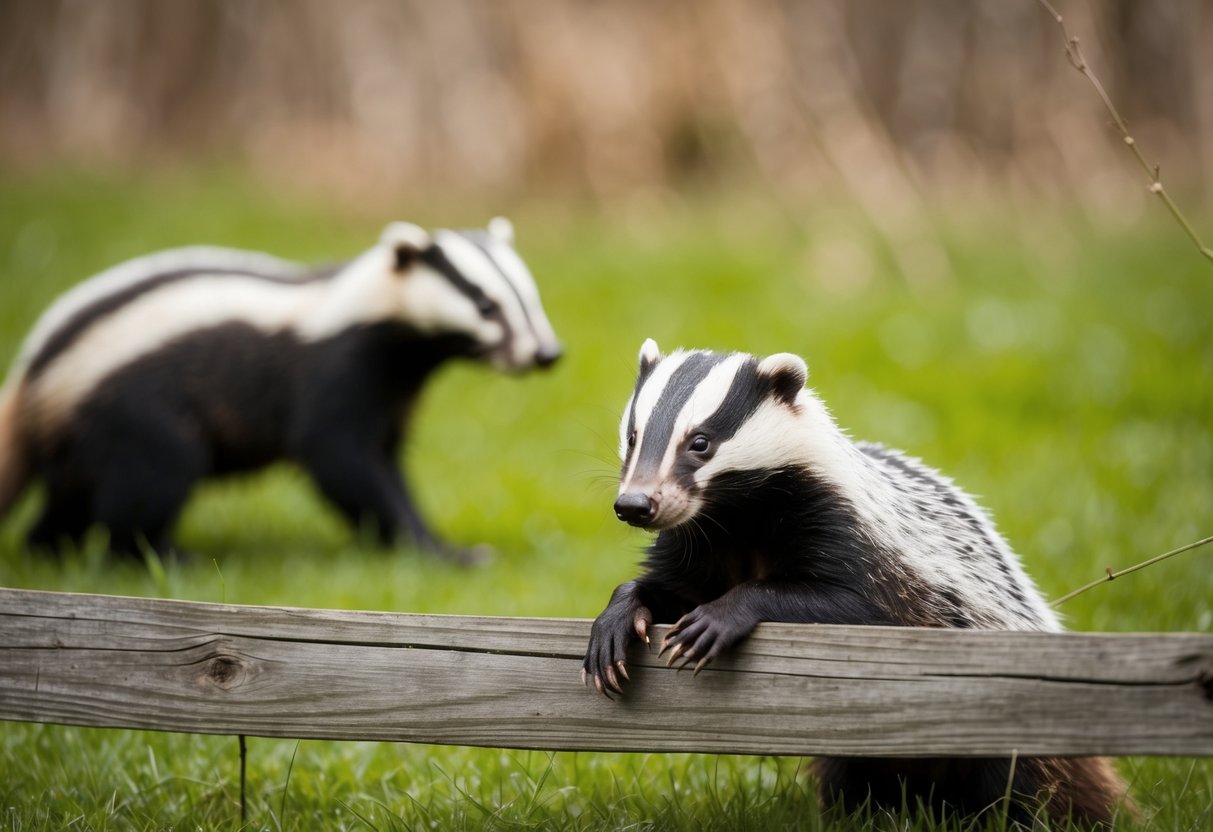 A badger breaks through a wooden fence, while another badger watches nearby