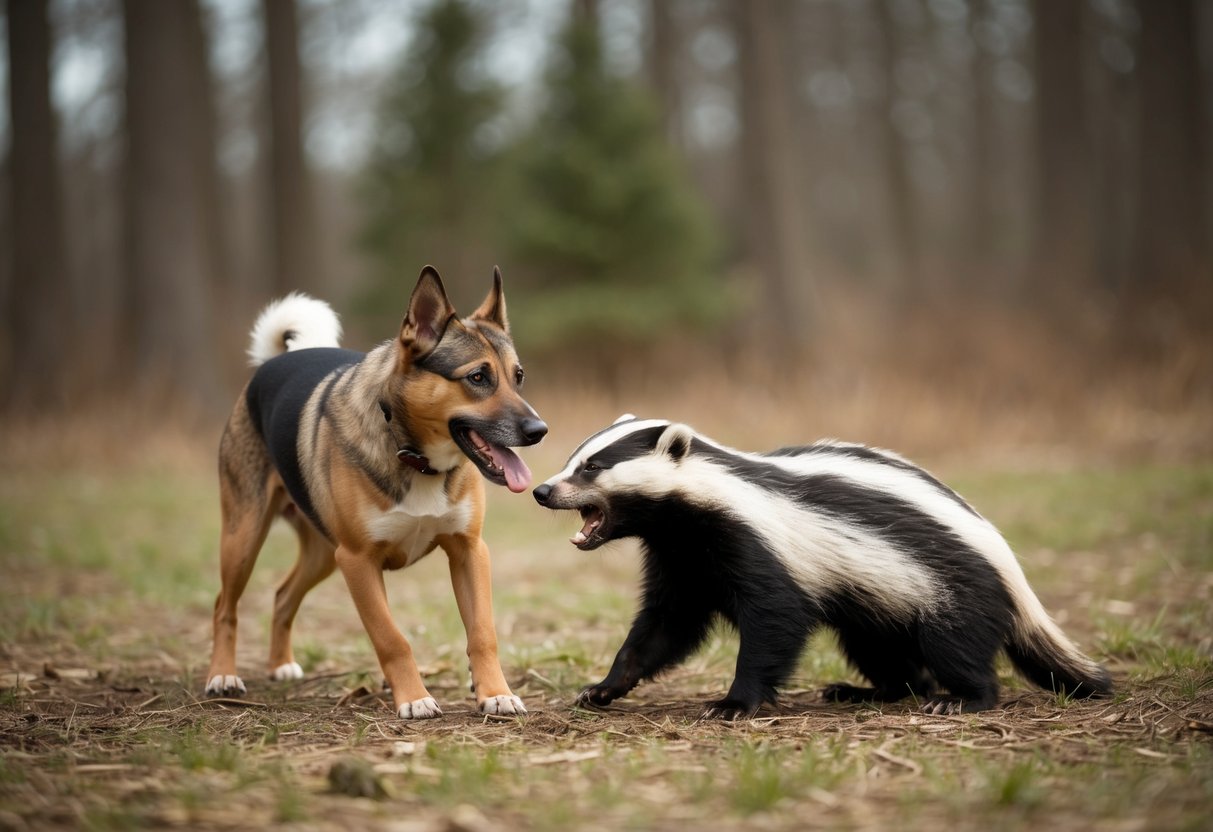 A dog encounters a snarling badger in a forest clearing
