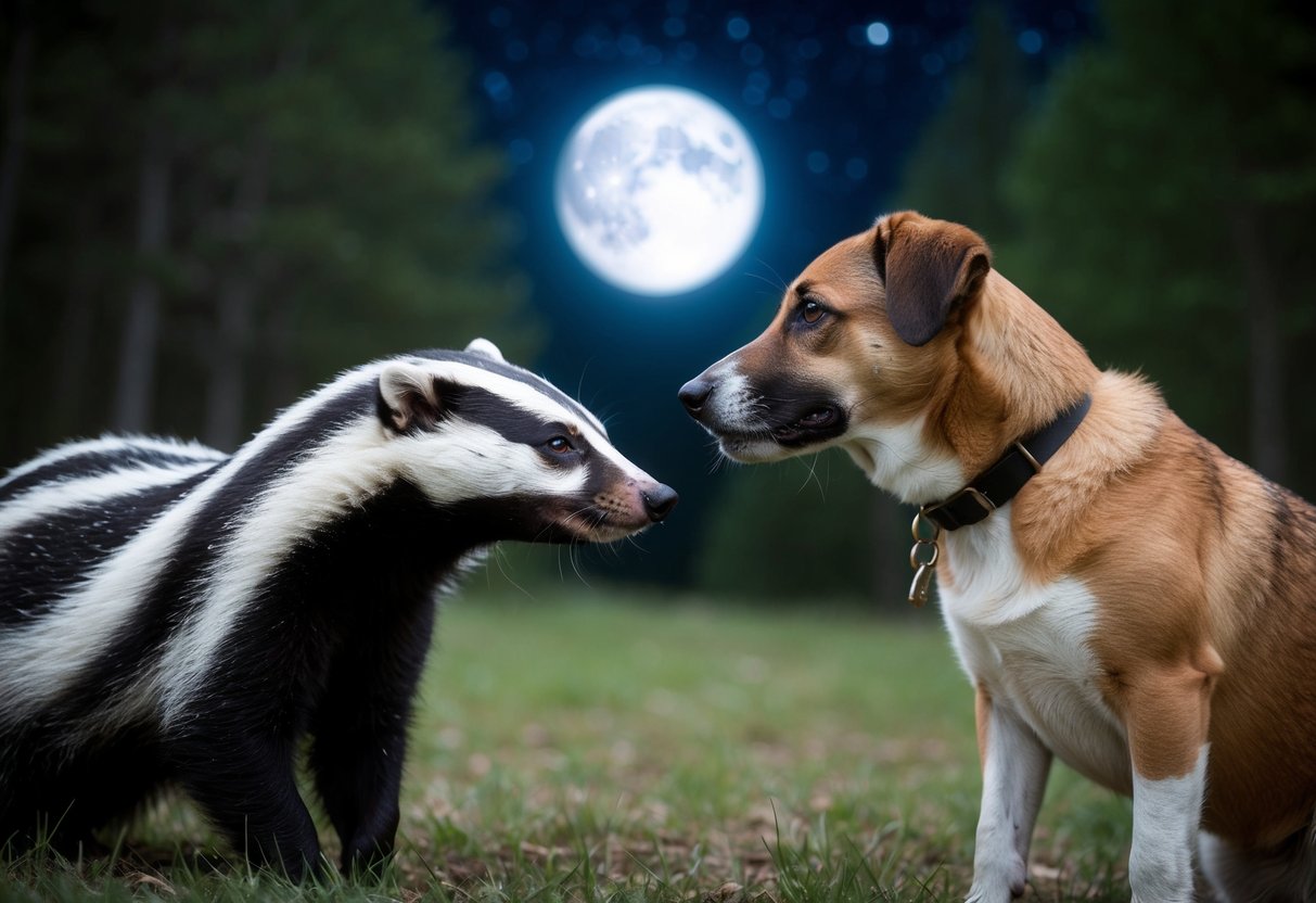 A badger and a dog face off in a moonlit forest clearing, their eyes locked in a tense standoff