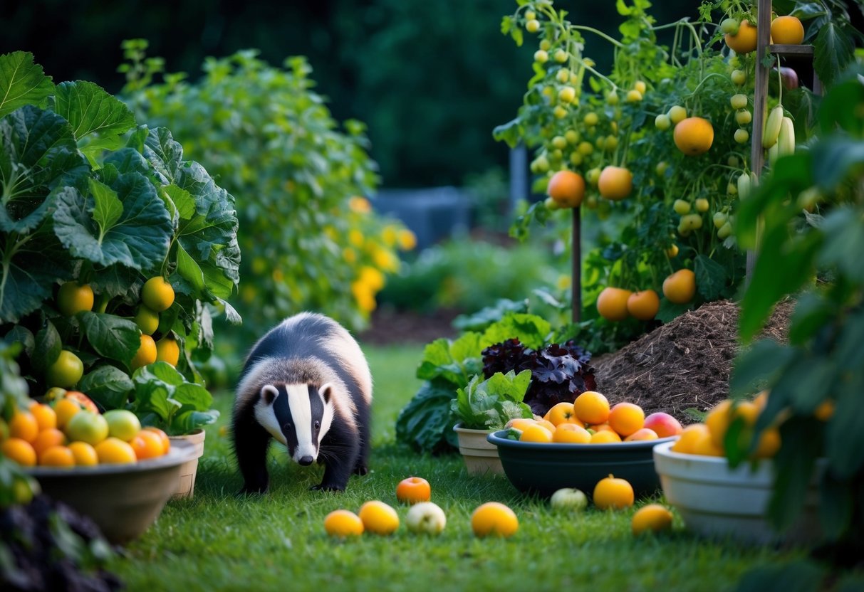 A lush garden with ripe fruits, vegetables, and compost piles, attracting badgers at night