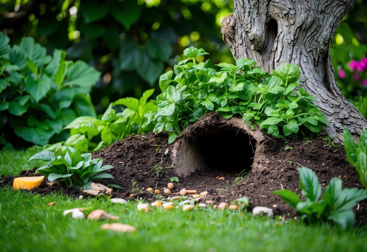 A lush garden with overturned soil, scattered food scraps, and a burrow entrance beneath a gnarled tree, surrounded by dense foliage