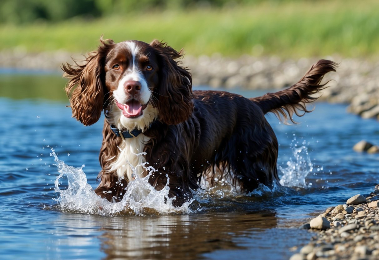 An Irish Water Spaniel dog splashes through a shallow stream, its curly, chocolate-colored coat glistening in the sunlight