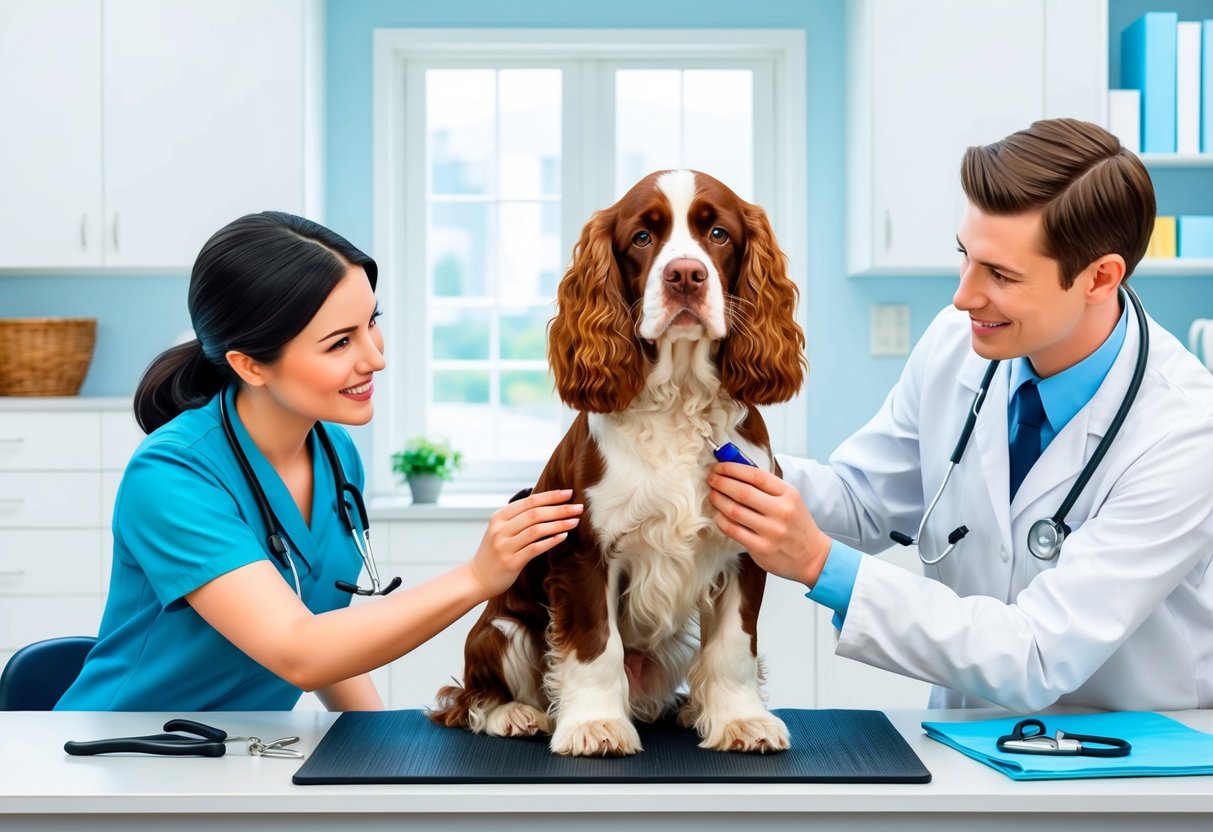 An Irish Water Spaniel dog being groomed and examined by a veterinarian in a bright and clean veterinary office