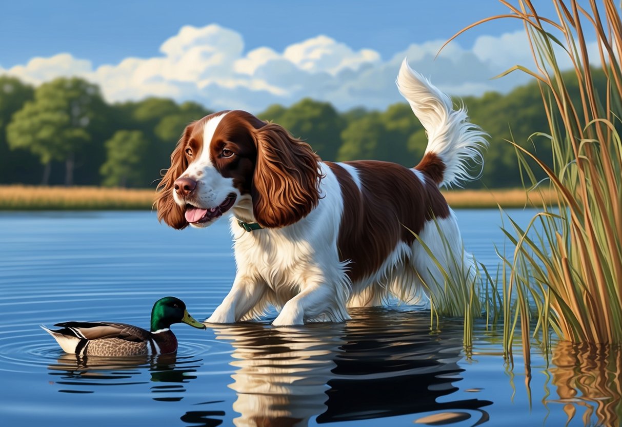 An Irish Water Spaniel dog retrieving a duck from a lake