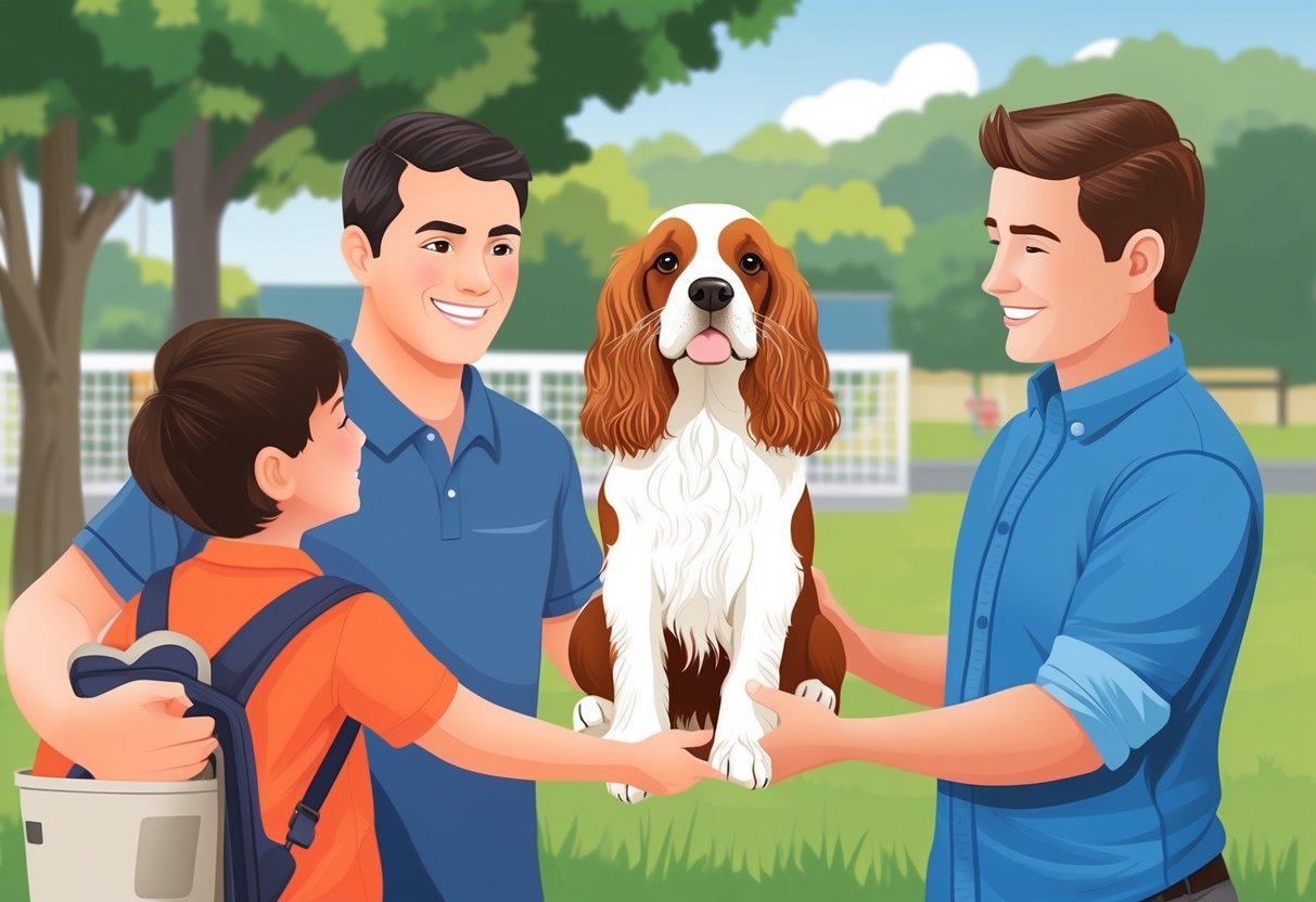 An Irish Water Spaniel dog being adopted by a family at a local animal shelter