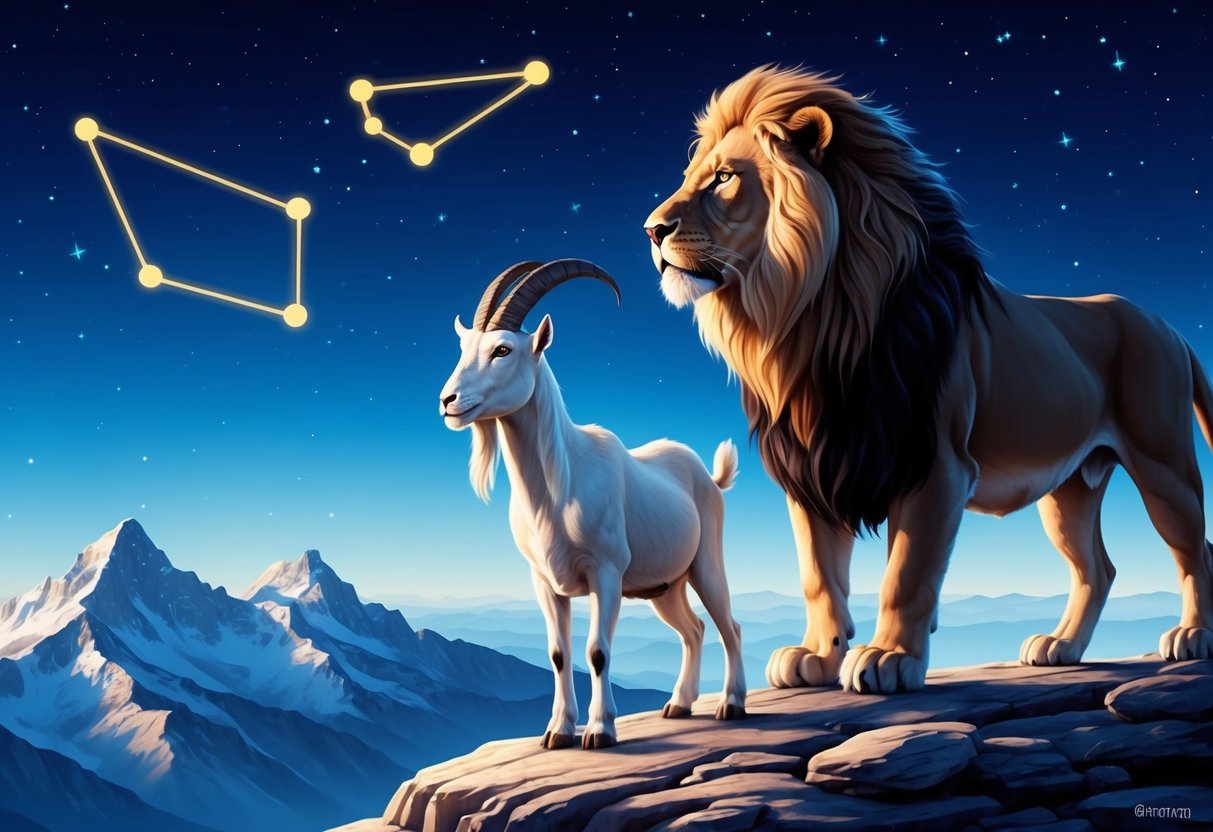 A majestic lion and a stoic goat stand together, gazing at the stars from a mountaintop. The night sky is clear, and the constellations of Capricorn and Leo shine brightly above them