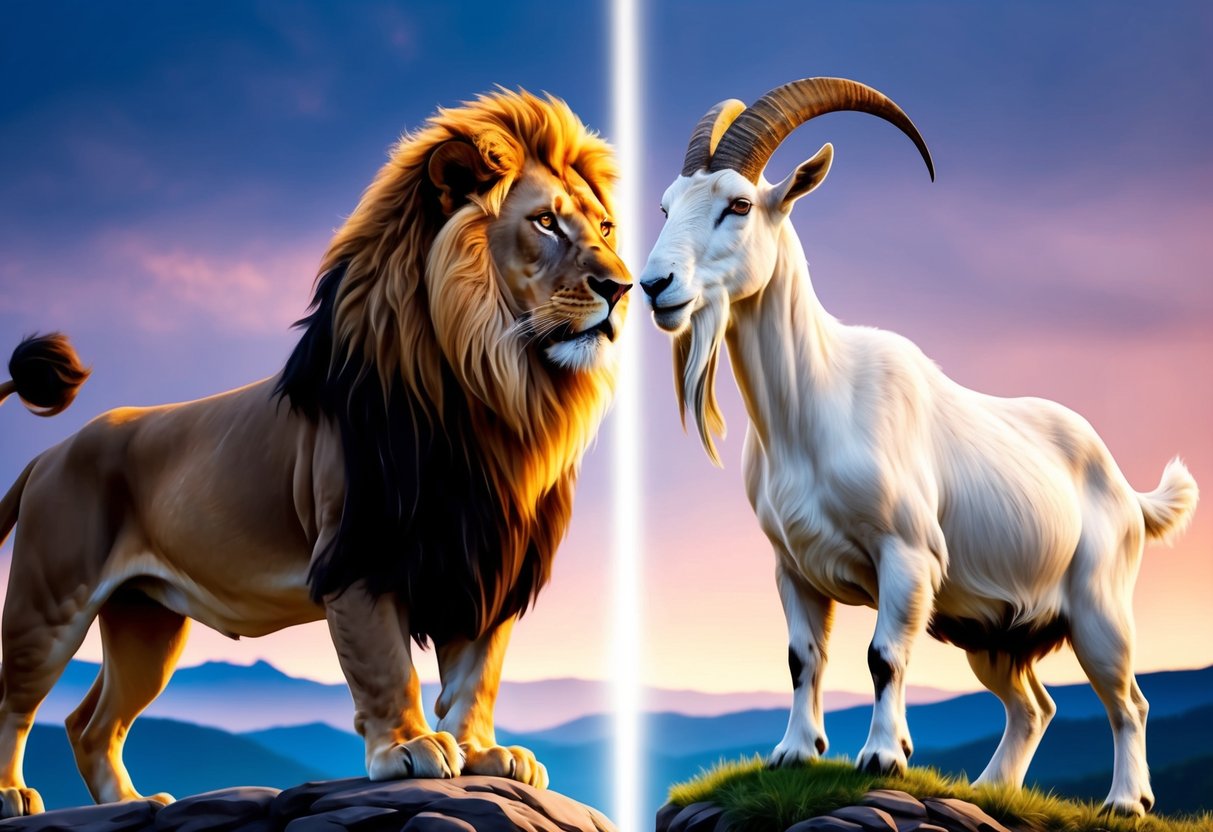 A regal lion and a steadfast goat stand side by side, their eyes locked in a powerful and harmonious gaze, symbolizing the compatibility between Leo and Capricorn