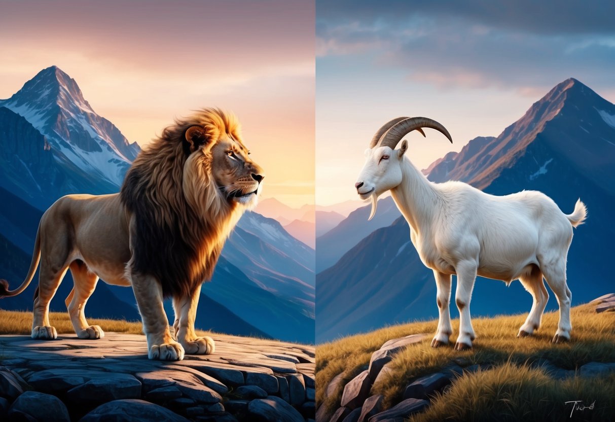 A regal lion and a stoic goat stand on opposite sides of a mountain, their gazes locking in a silent power struggle