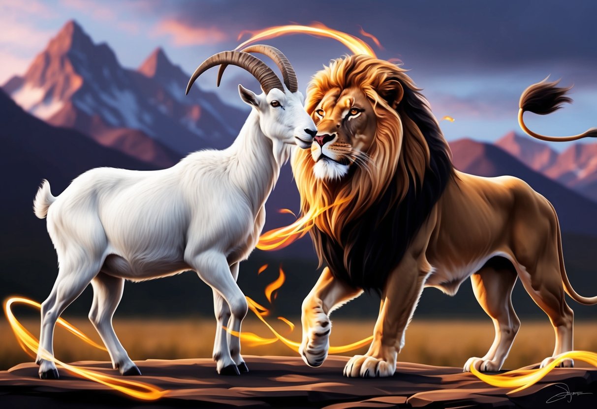 A stoic mountain goat stands alongside a proud and regal lion, their energies intertwining in a dance of mutual respect and fiery passion