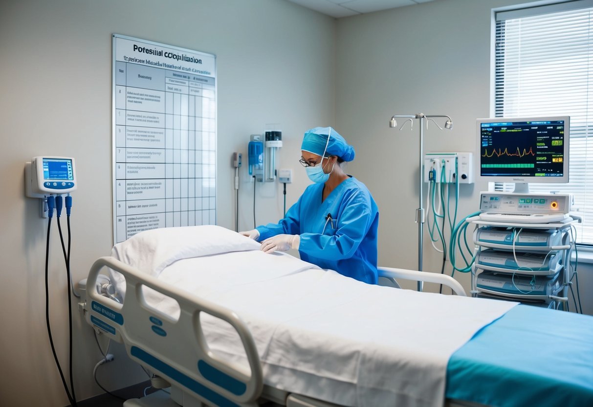 A sterile medical room with equipment for PRP treatment. A chart on the wall lists potential complications. A nurse monitors vitals