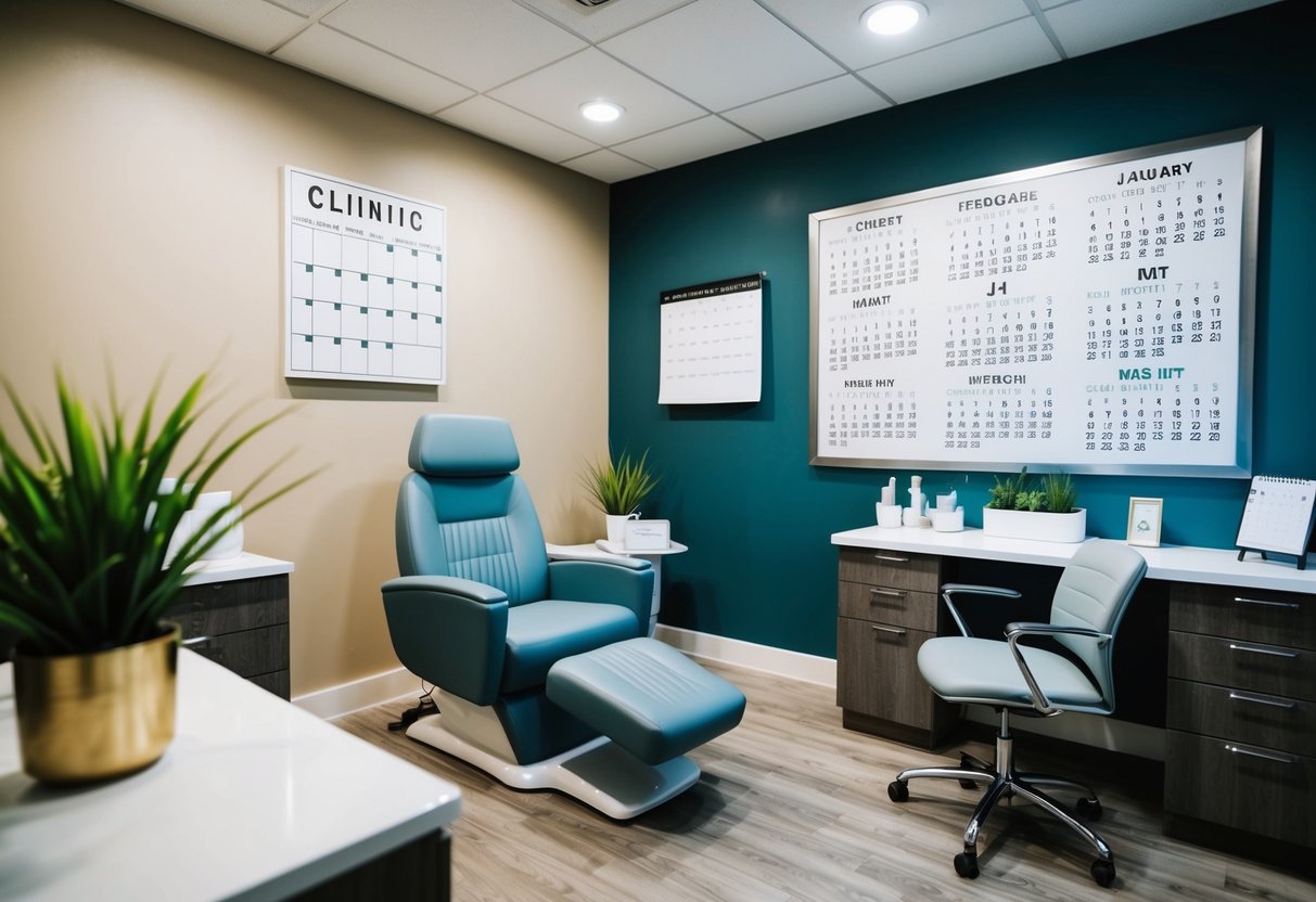 A cozy, modern clinic room with a comfortable chair and a sleek, organized desk. A calendar on the wall shows upcoming appointment dates