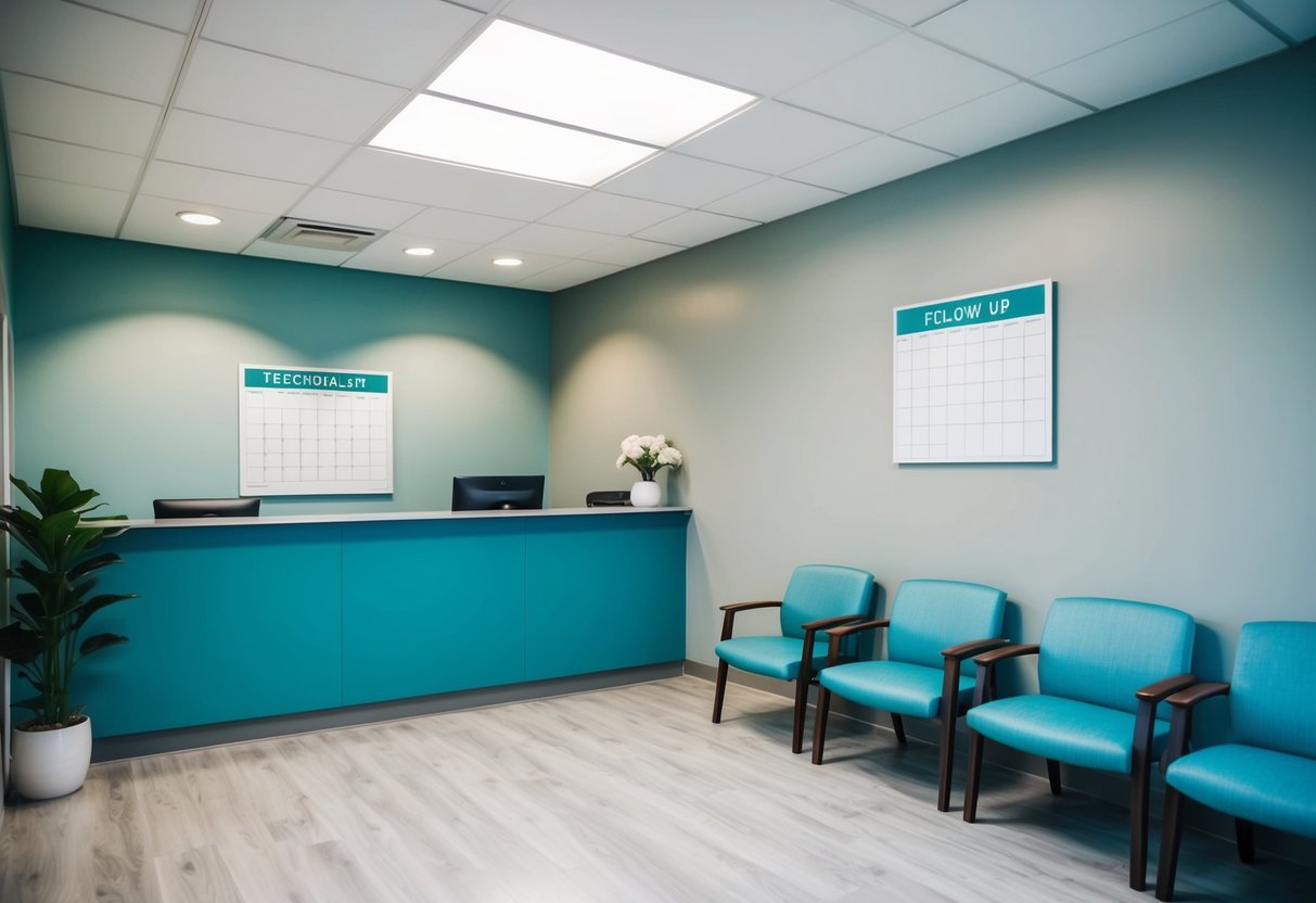 A serene, modern clinic waiting area with a reception desk and comfortable seating. A calendar on the wall shows availability for follow-up appointments