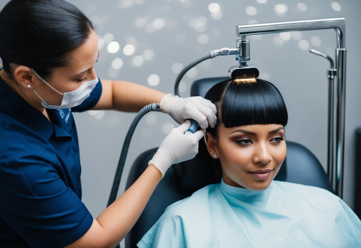 A person receiving PRP hair treatment with a medical professional. The professional is performing the treatment using specialized equipment and the person is sitting comfortably in a chair