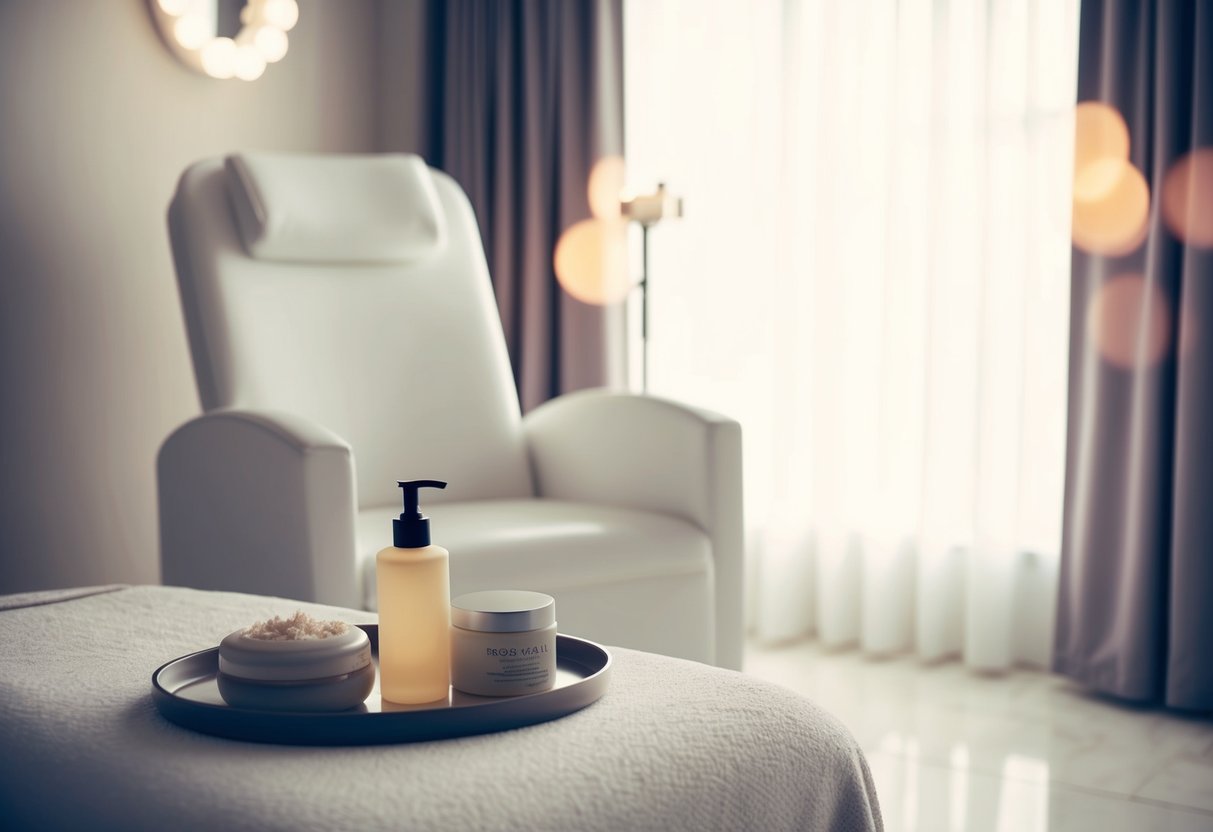 A serene spa room with a reclining chair, a tray of hair treatment products, and a soft, glowing light illuminating the space