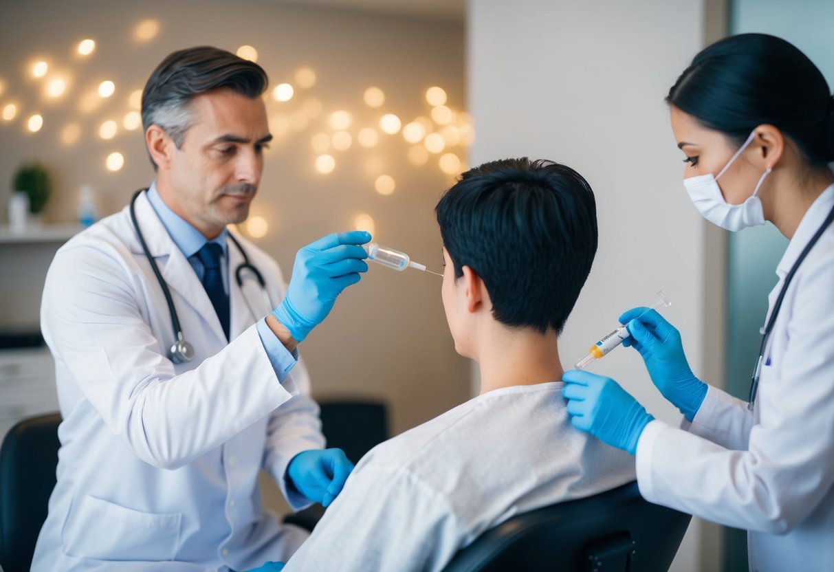 A doctor preparing a vial of plasma while a patient sits in a chair with a technician ready to administer PRP hair treatment