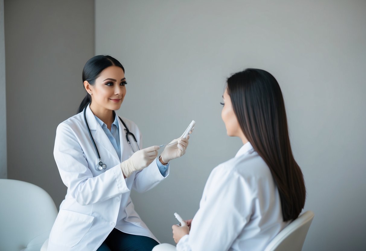 A serene, minimalist consultation room with a doctor and patient discussing pre-treatment instructions for PRP hair treatment