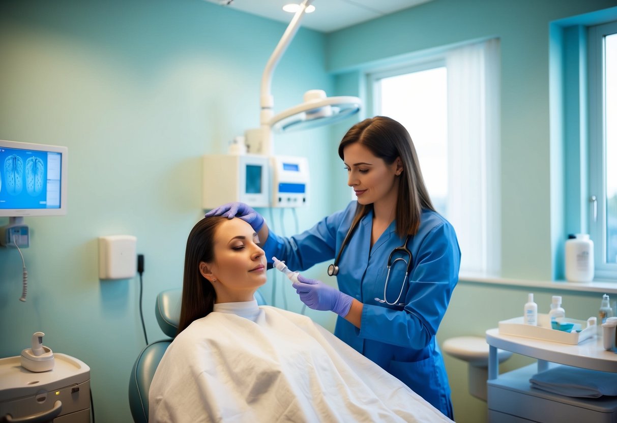 A serene clinic room with a doctor preparing a PRP hair treatment, surrounded by medical equipment and a calming atmosphere