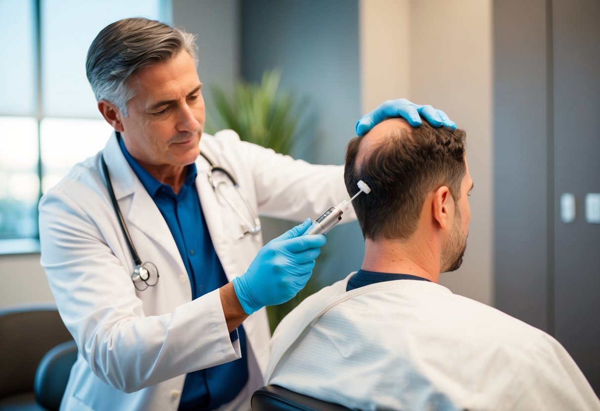 A doctor performing PRP hair treatment on a patient in a modern clinic in Atlanta. The doctor is using a specialized device to inject the PRP into the patient's scalp