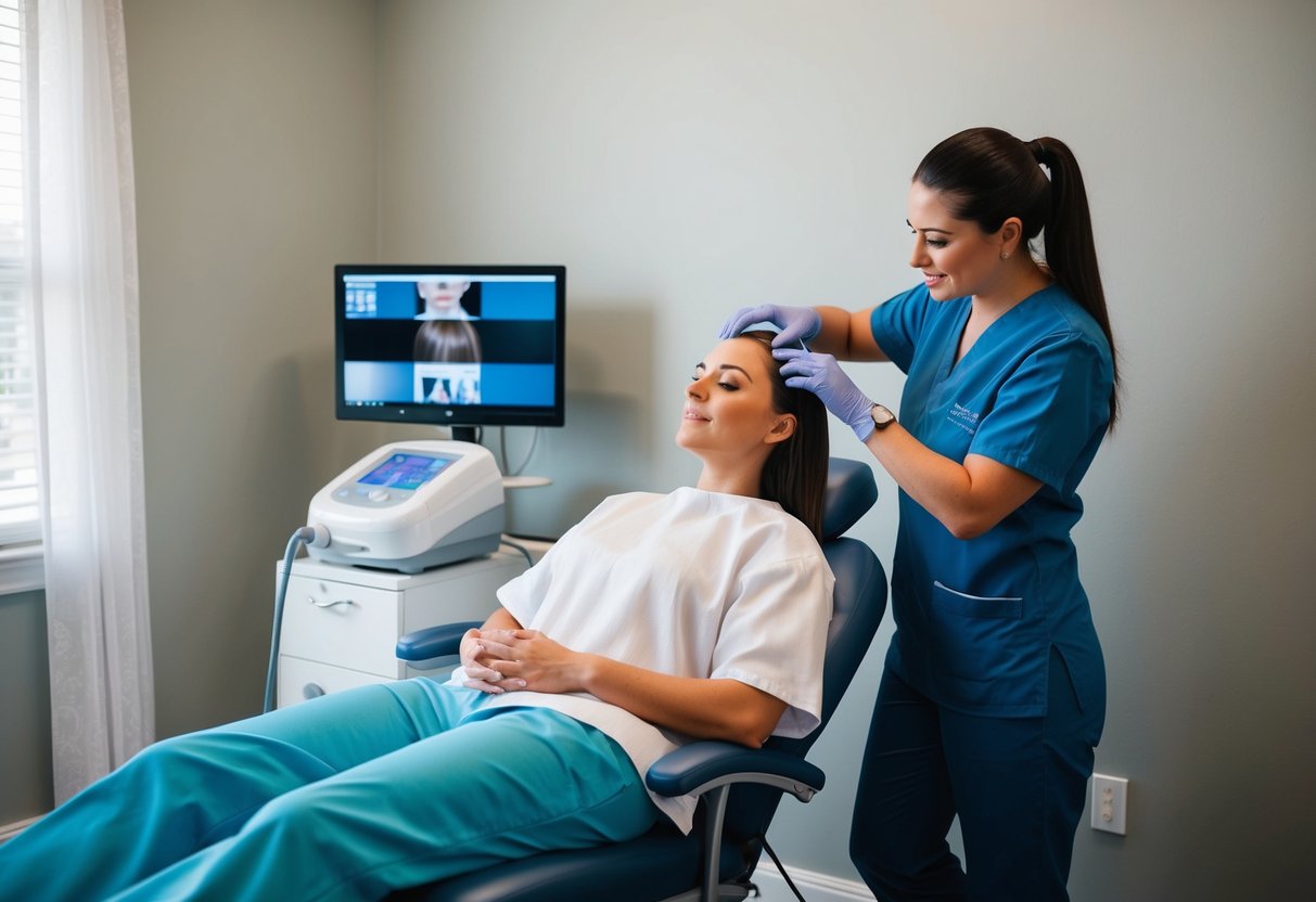 A serene clinic room with a comfortable chair and medical equipment, a patient receiving PRP hair treatment from a professional in Atlanta