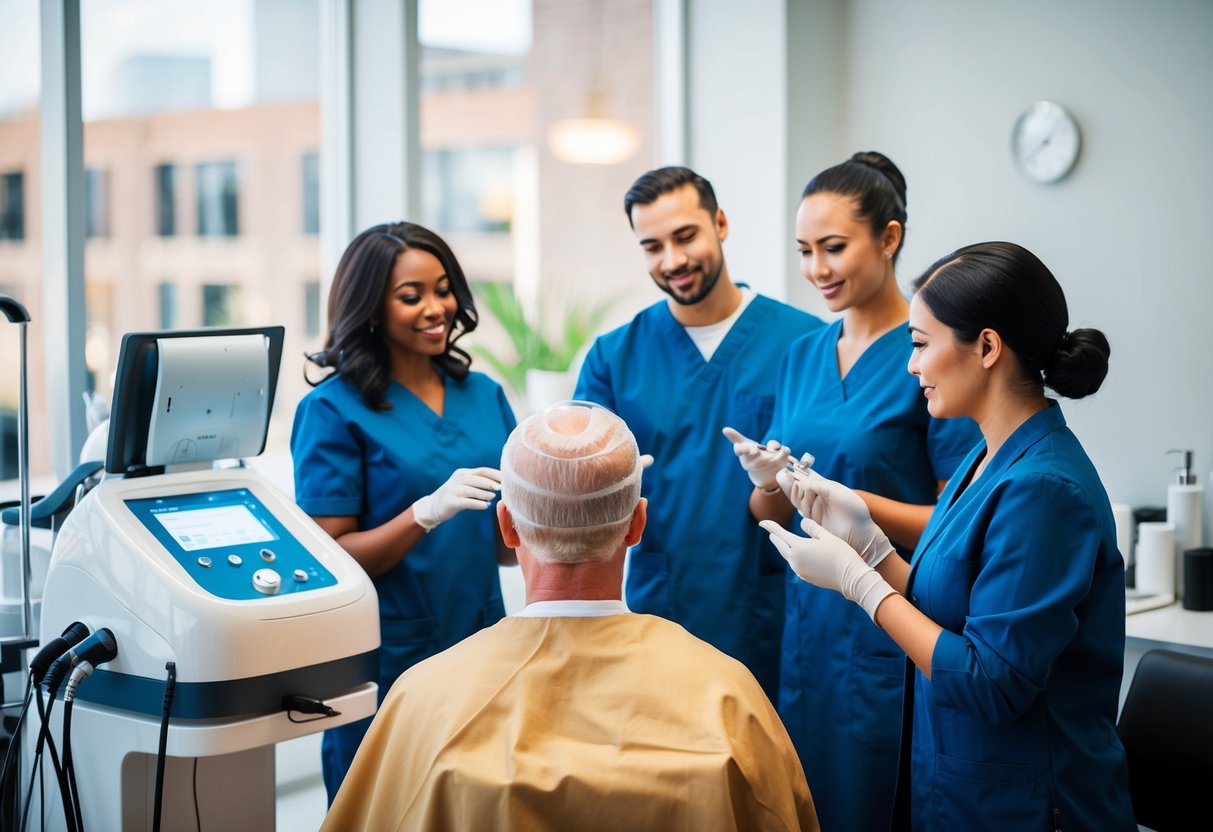 A bustling Atlanta hair clinic with PRP equipment and staff discussing treatment outcomes