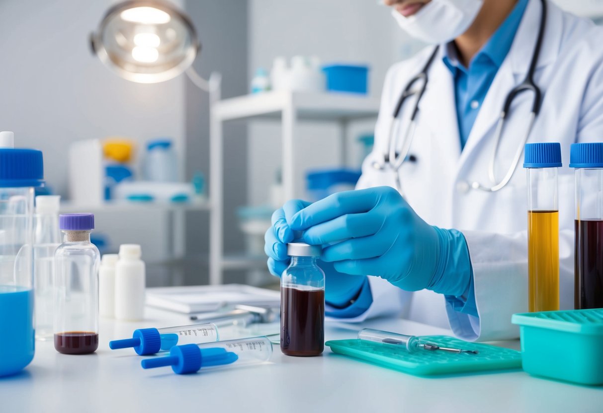 A doctor in a lab, preparing PRP for hair treatment, surrounded by medical equipment and vials of blood