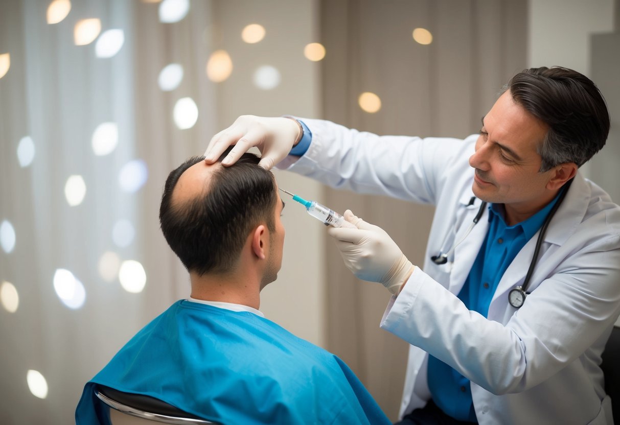 A patient sitting in a chair as a doctor administers PRP hair treatment using a syringe on the patient's scalp