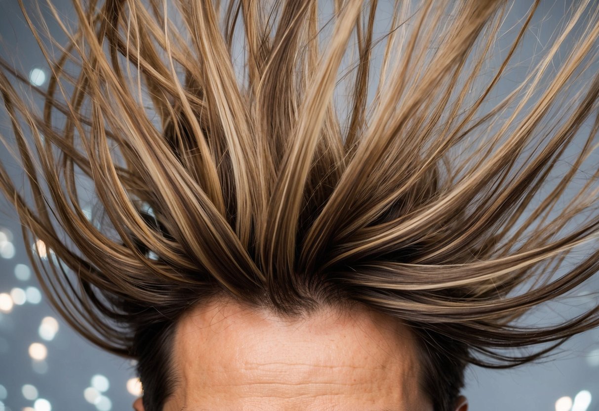 A person's head surrounded by swirling strands of hair, with some strands appearing thicker and healthier while others are thinning and falling out