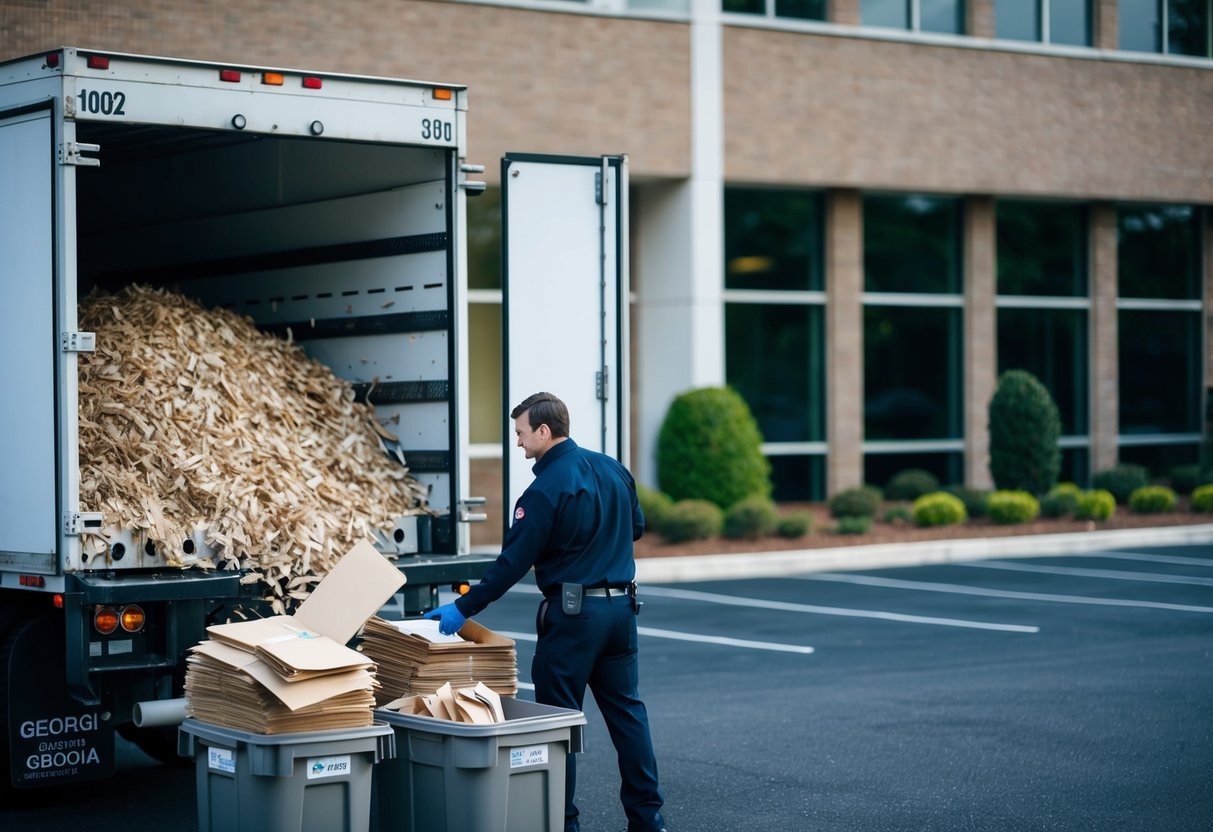 A secure shredding truck parked outside a Georgia office building, with a certified technician unloading bins of paper for destruction