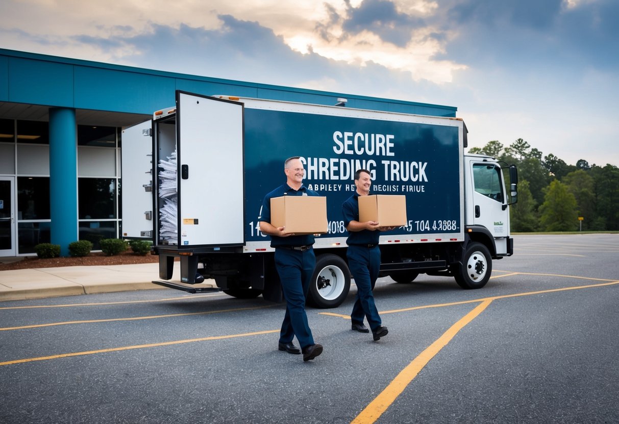 A secure shredding truck parked outside a Georgia office building, with employees carrying boxes of documents to be shredded