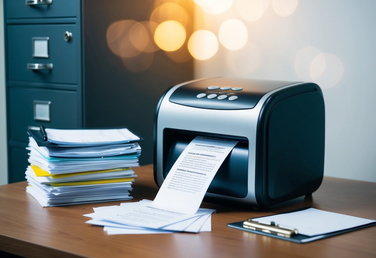 A secure document shredder surrounded by a stack of papers and a locked filing cabinet