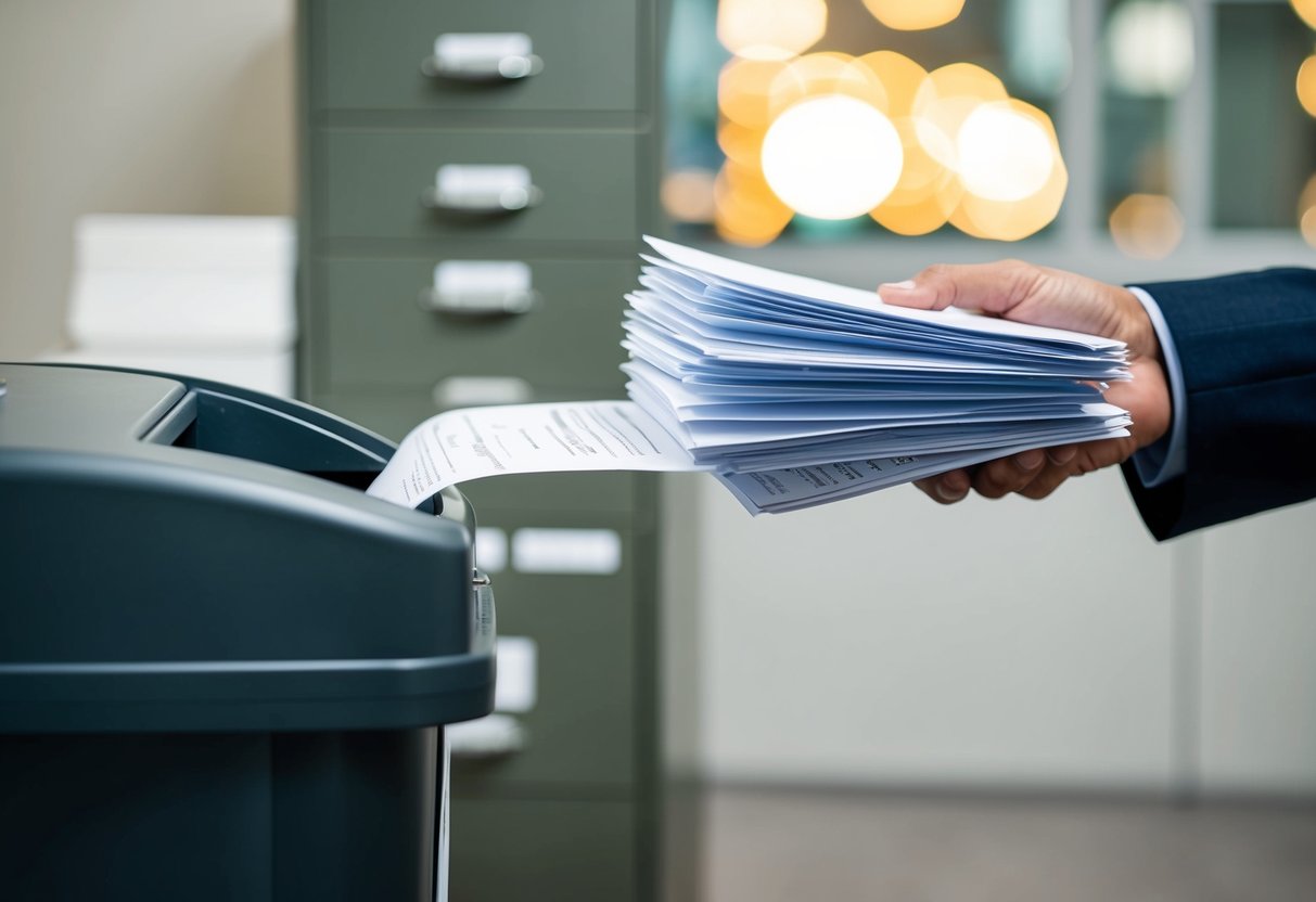 A stack of paper documents being fed into a shredder, with a locked filing cabinet in the background