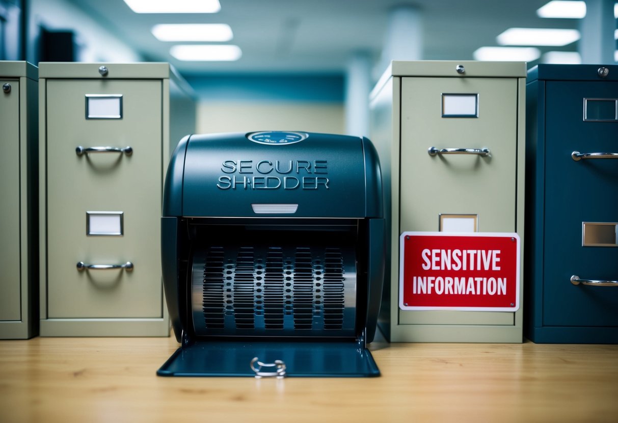 A secure shredder surrounded by locked filing cabinets and a "Sensitive Information" sign