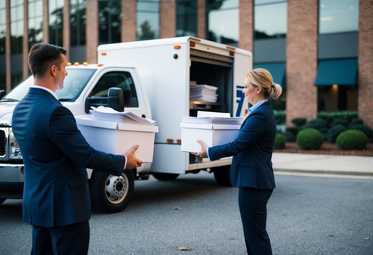 A secure shredding truck parked outside a Georgia office building, with employees handing over boxes of documents for destruction