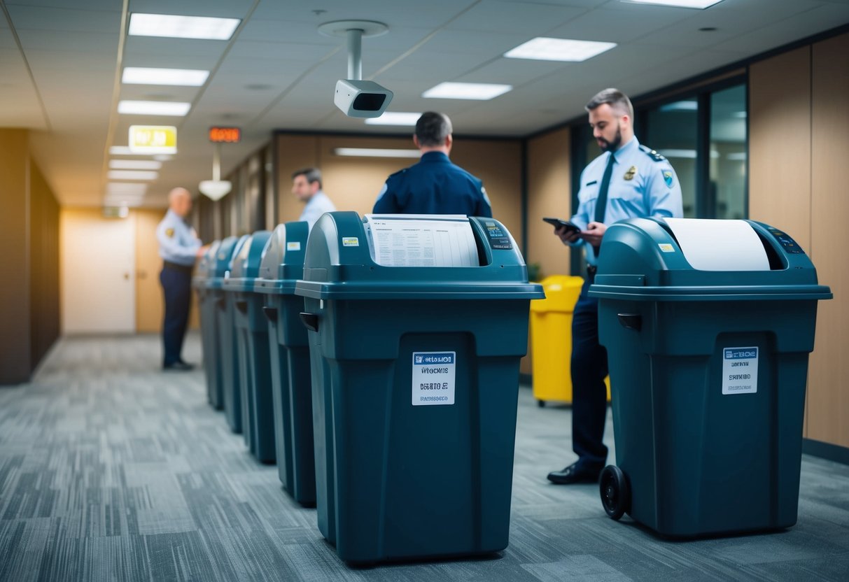 A secure facility with paper shredders and locked bins for document destruction, surrounded by security cameras and monitored by staff to ensure compliance with data security regulations