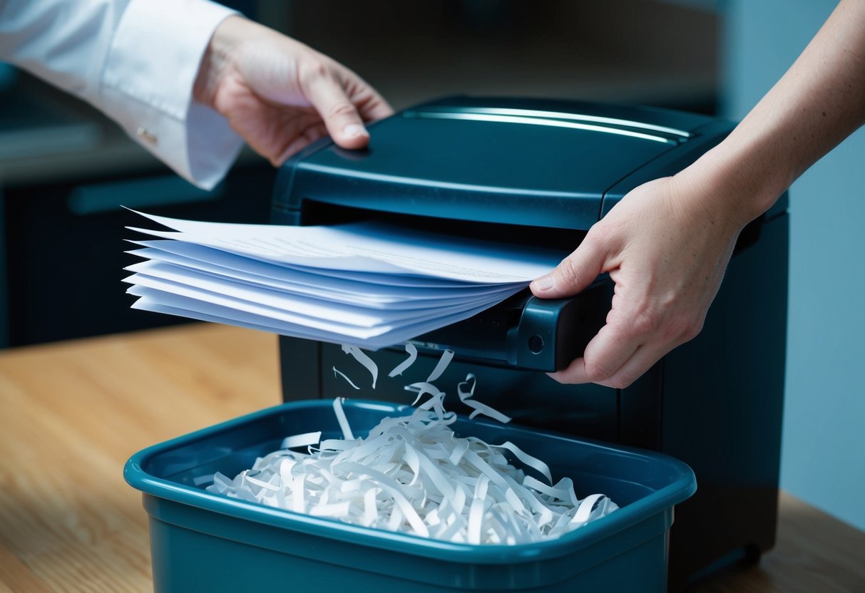 A stack of papers being fed into a shredder, with shredded paper collecting in a bin below