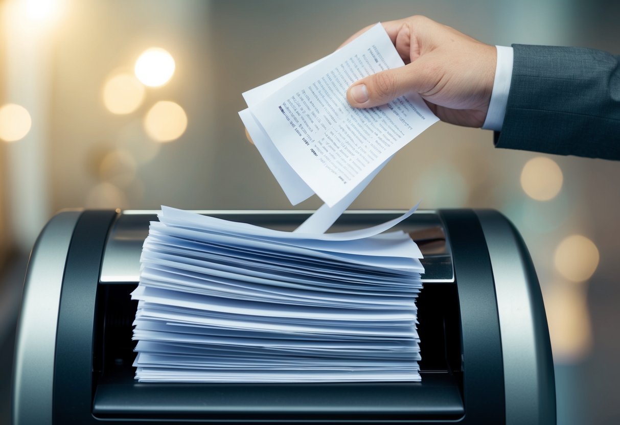 A stack of papers being fed into a shredder, with a few papers sticking out and the machine's blades in motion