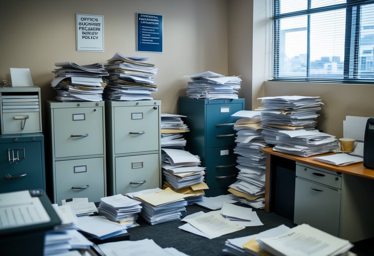 A cluttered office with overflowing filing cabinets and stacks of paper, a paper shredder in the corner, and a sign outlining document retention policy