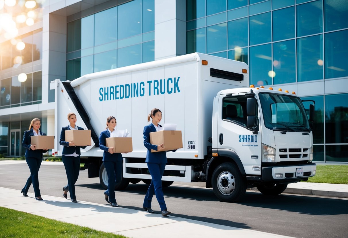 A secure document shredding truck parked outside a modern office building, with employees carrying boxes of paper to be destroyed