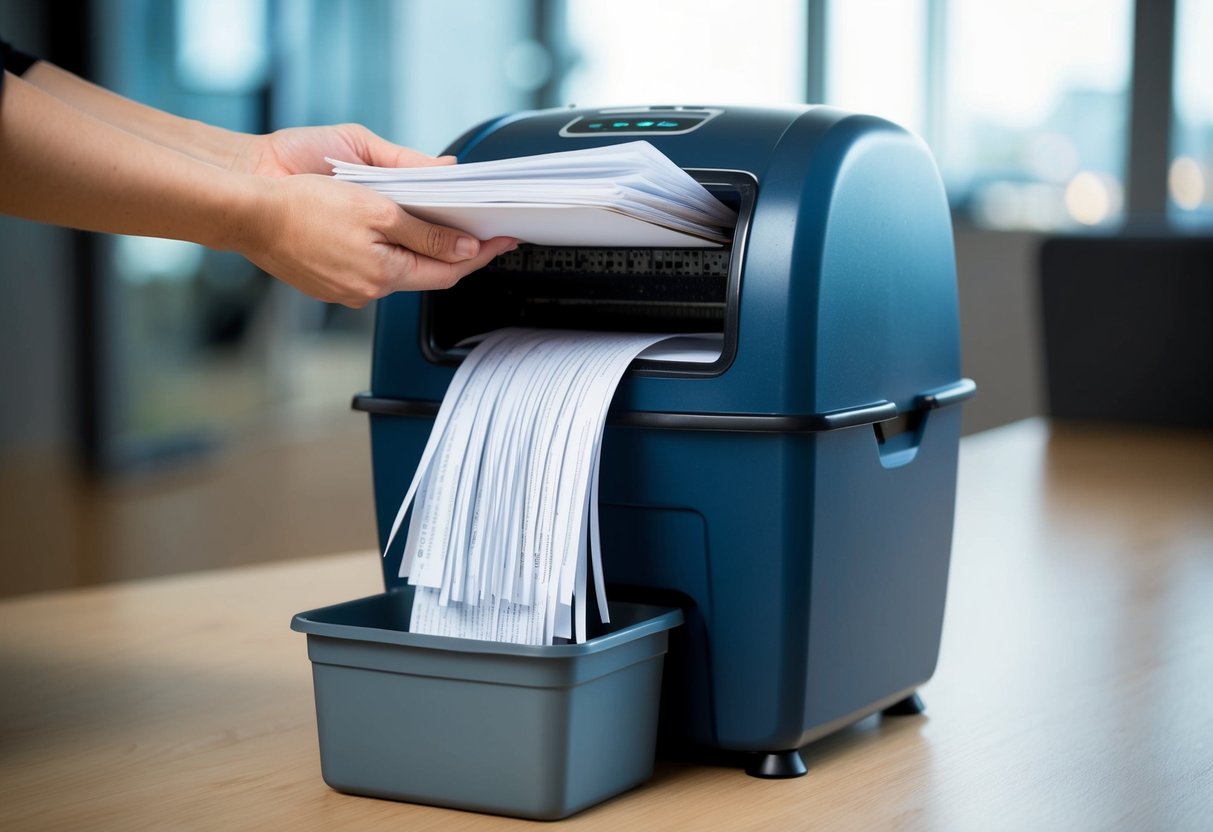 A stack of paper documents being fed into a professional shredder, with the shredded pieces collecting in a secure bin below