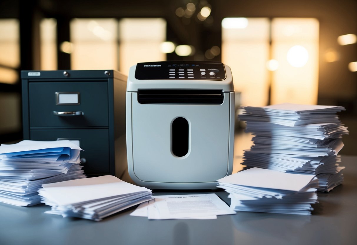 A secure document shredder surrounded by stacks of paper and a locked filing cabinet