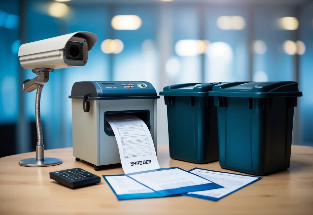 A secure document destruction scene with a shredder, locked bins, and a surveillance camera for risk management illustration