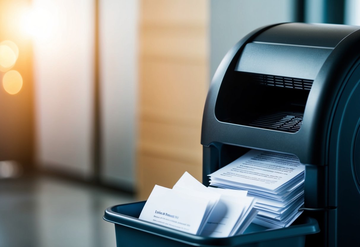 A shredder is shown in action, consuming paper documents with a secure and efficient process. The shredded pieces are neatly collected in a bin, ready for disposal