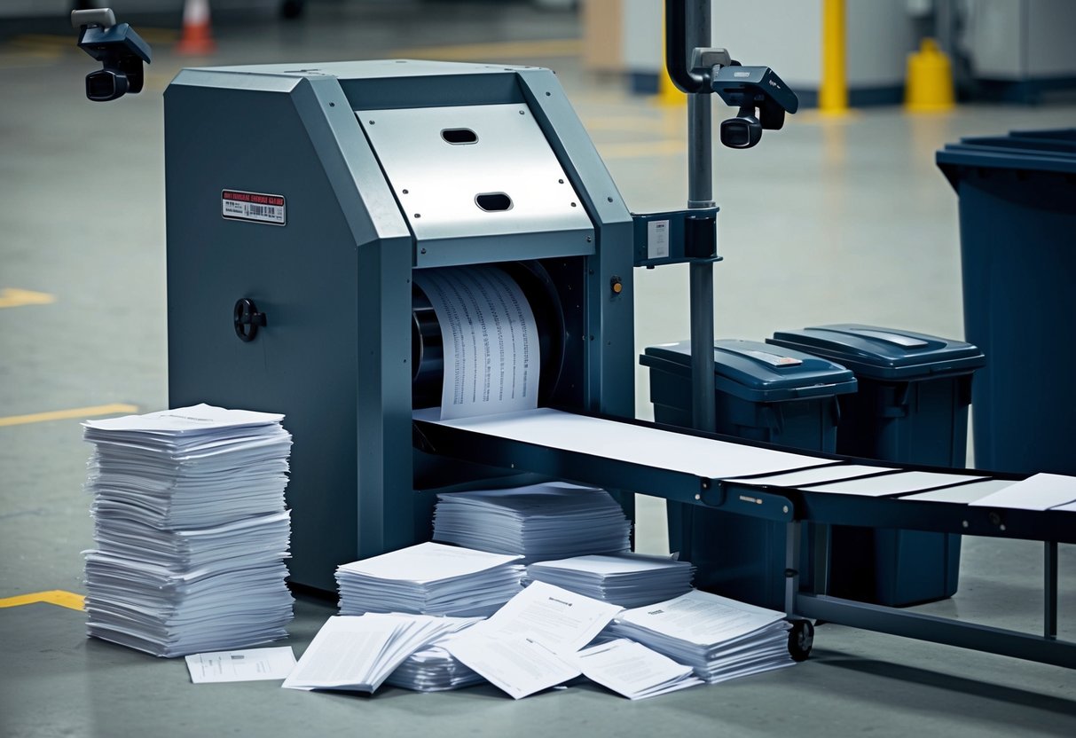 A large industrial shredder surrounded by stacks of paper, with a conveyor belt feeding documents into the machine. Security cameras and locked bins are visible nearby